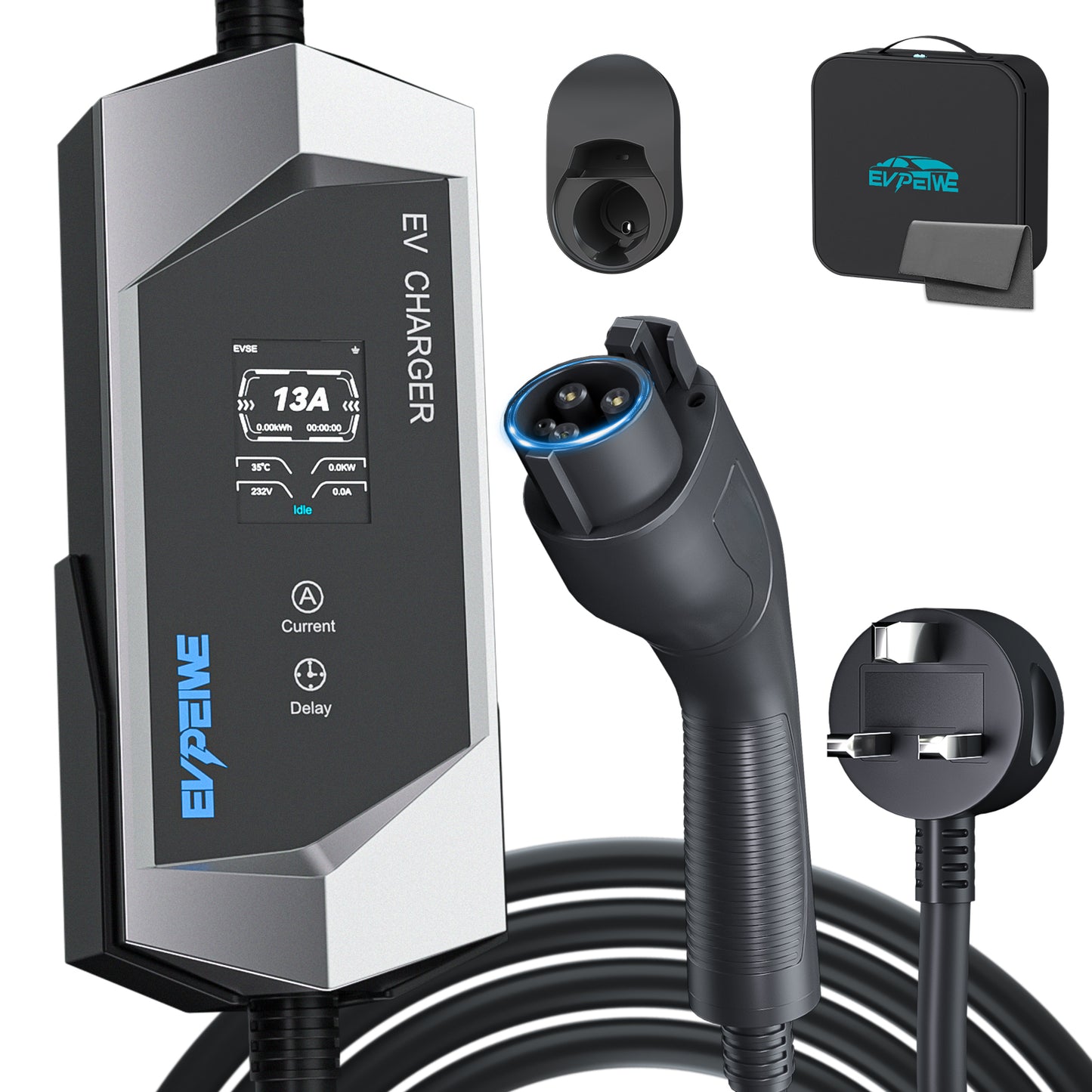 EVPEIWE 13A Type1 (SAE J1772) Portable EV Charger with UK 3-Pin Plug, 5M Cable, Black/Silver Optional