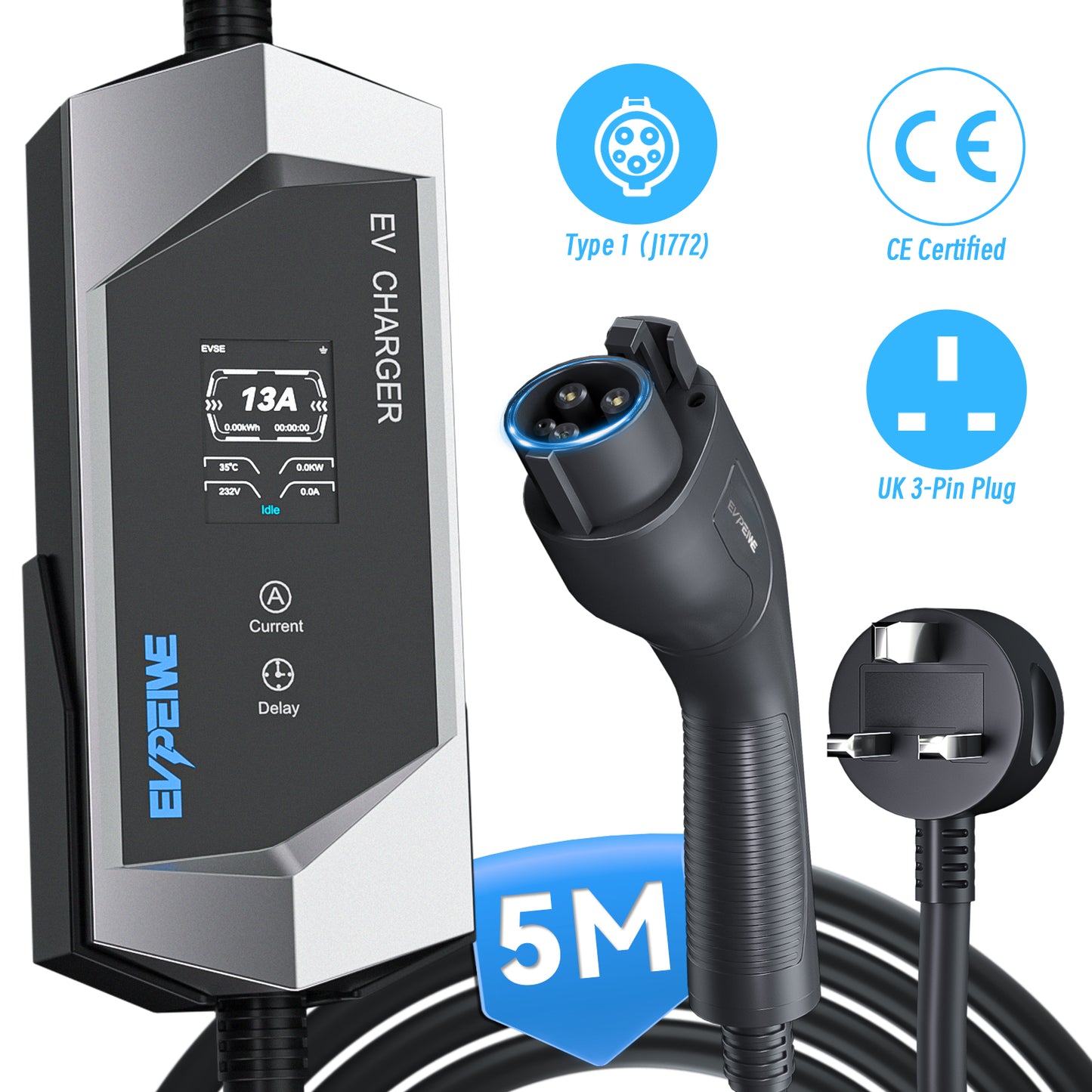 EVPEIWE 13A Type1 (SAE J1772) Portable EV Charger with UK 3-Pin Plug, 5M Cable, Black/Silver Optional