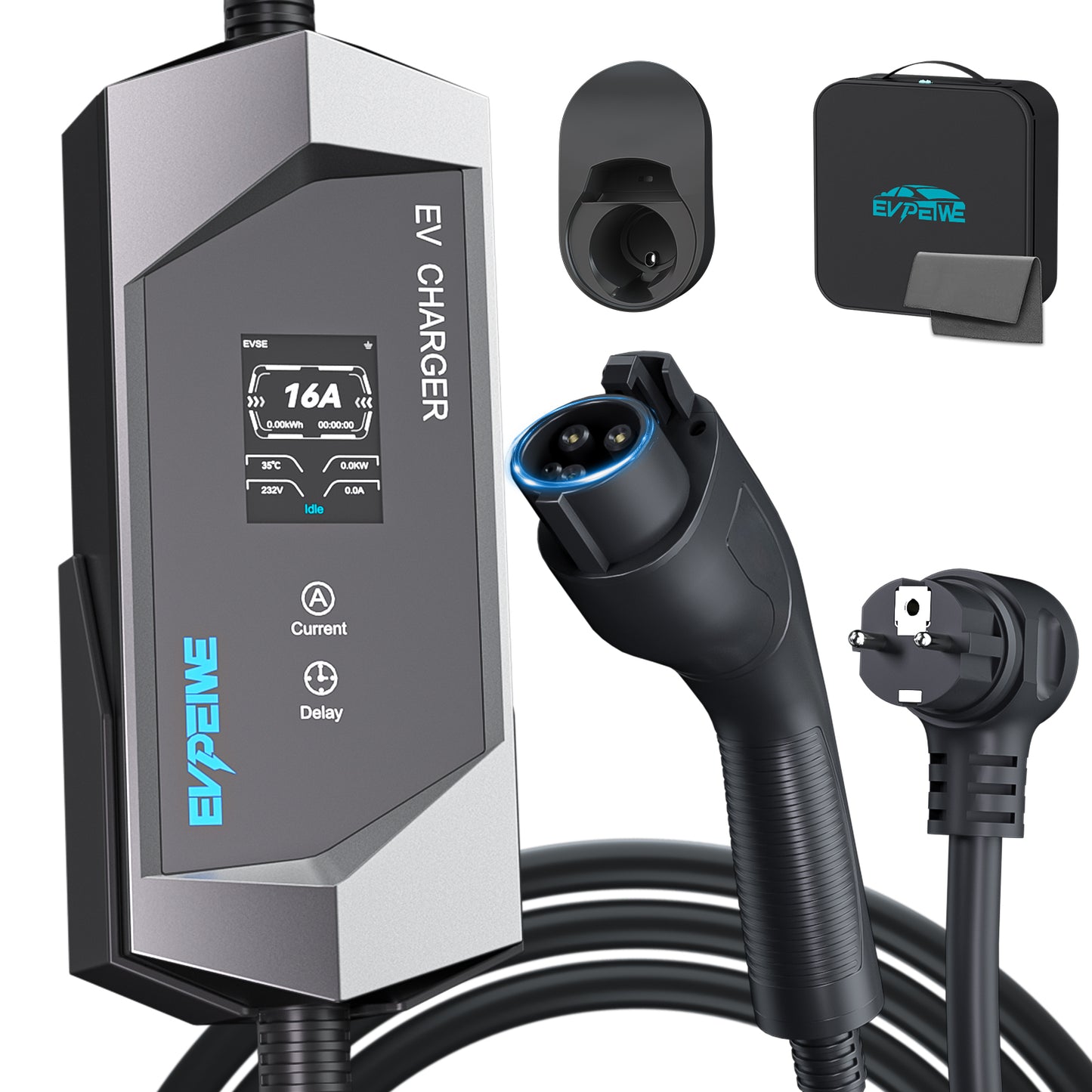 EVPEIWE 16A SAE J1772 Portable EV Charger,Schuko Plug, 5M Cable