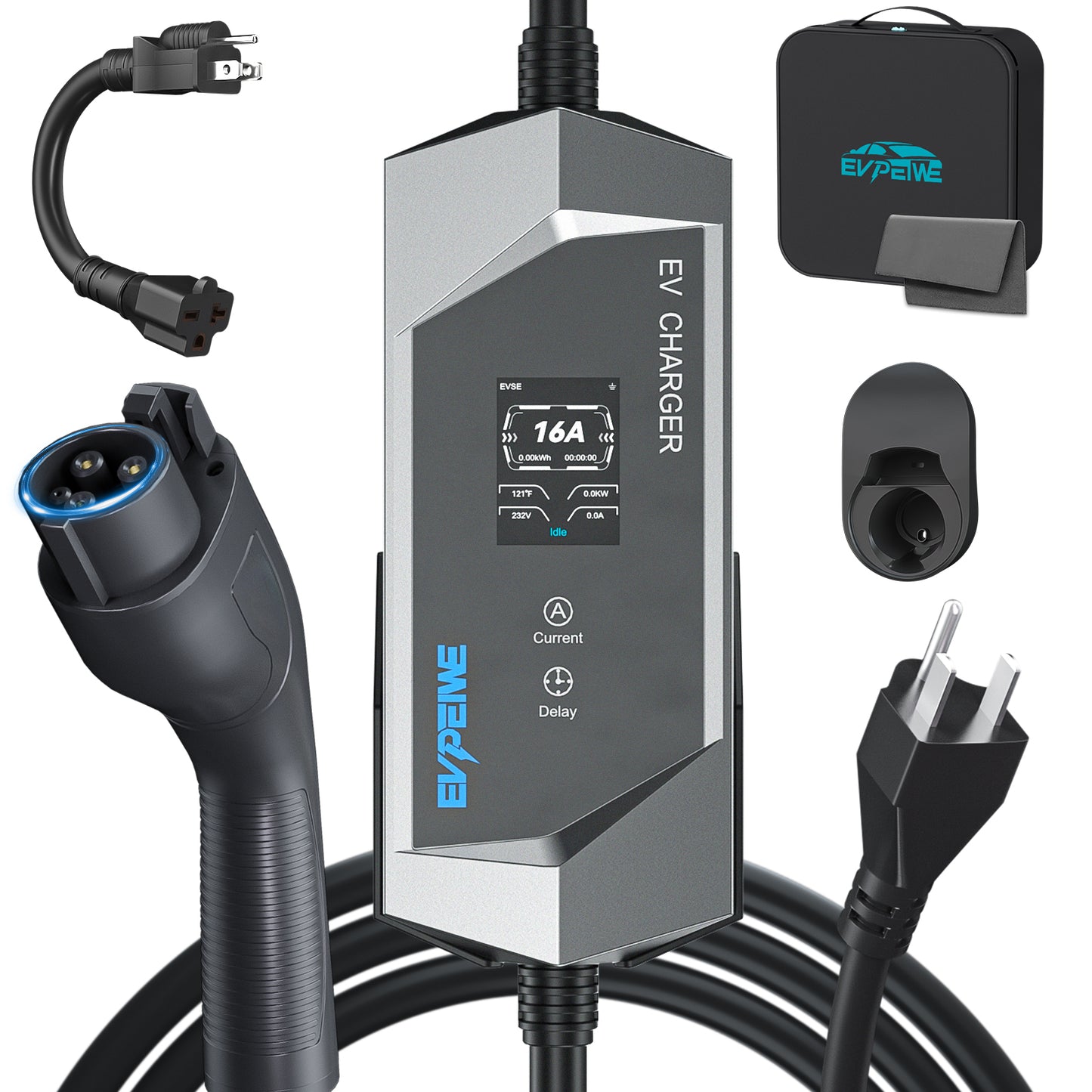 EVPEIWE 16A J1772 Portable EV Charger with NEMA 14-50/5-15 Plug, 25ft Cable, Black/Silver Optional