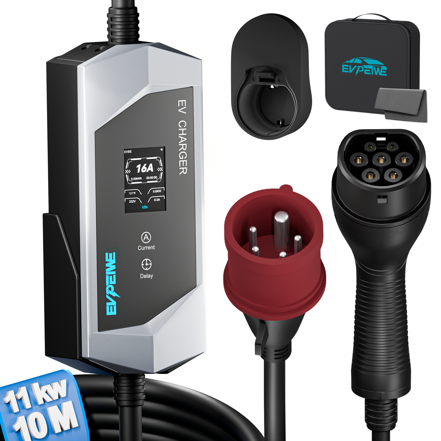 EVPEIWE Type 2 Portable EV Charger, 11KW 6-16A CEE 5-Pin Red Plug Charging Cable, 12H Timer IP65 for All Type 2 EVs (6M/10M)