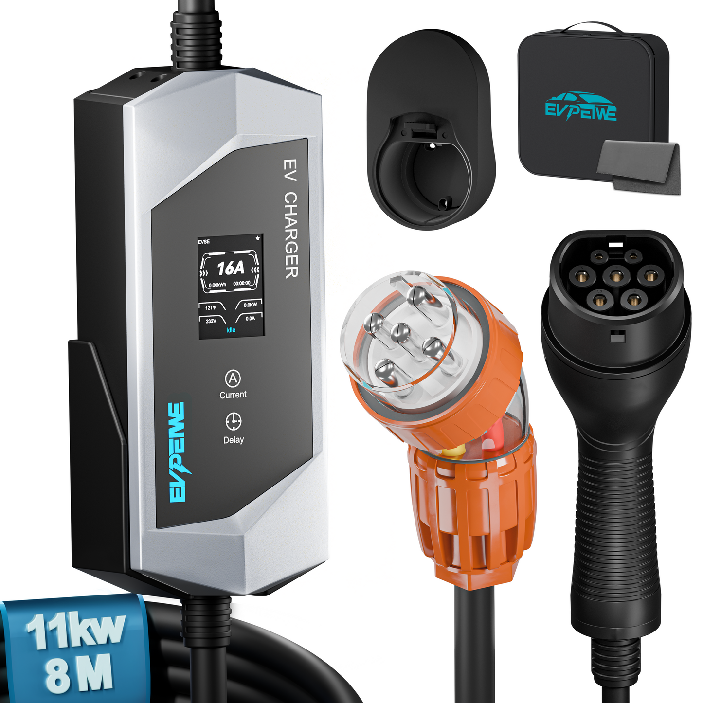 EVPEIWE 11kW 3-Phase Portable EV Charger,16A Adjustable Type 2 (IEC 62196-2) EV Charging Cable with 5-Pin Socket, 5M/8M Cord, IP65 Waterproof