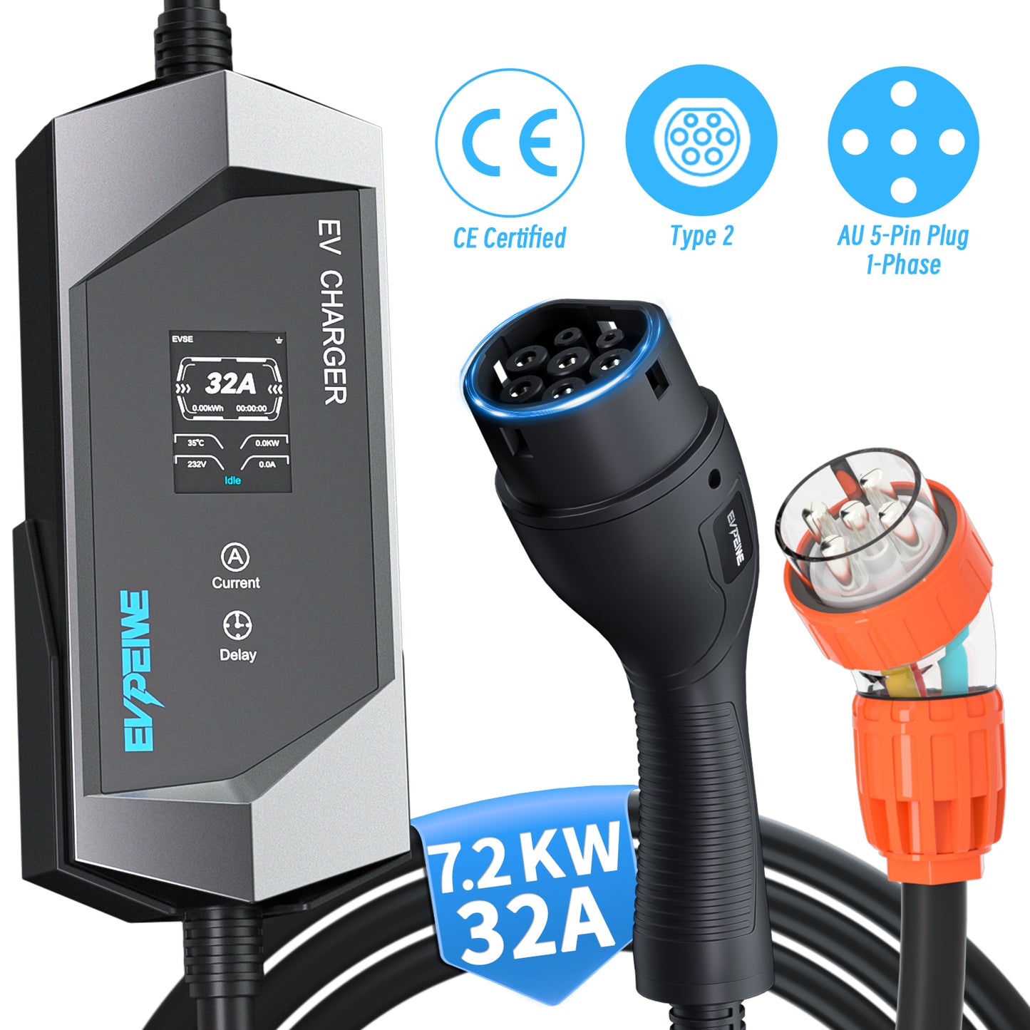 EVPEIWE 7.2kW Type 2 Portable EV Charger,32A Adjustable Level 2 Charging, AU 5-Pin Plug, 5M Cable, 12H Timer, IP65 Waterproof