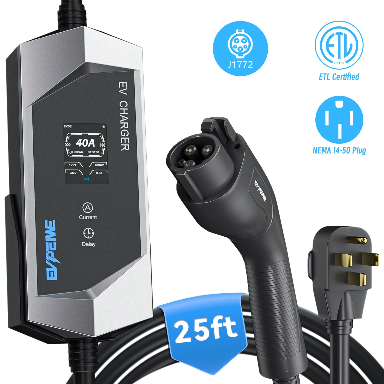 EVPEIWE 40A J1772 Portable EV Charger | Level 1/2 25ft Cable NEMA 