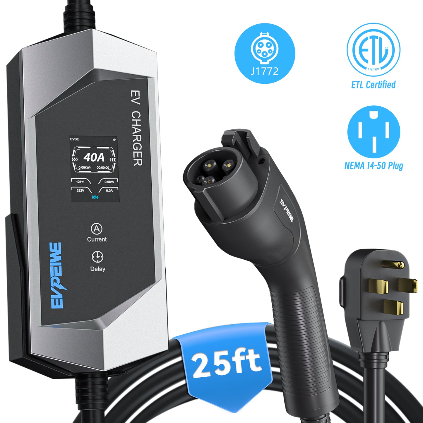 Caricabatterie portatile EVPEIWE 40A J1772 per veicoli elettrici con spina NEMA 14-50, cavo da 7,6 m, nero/argento opzionale