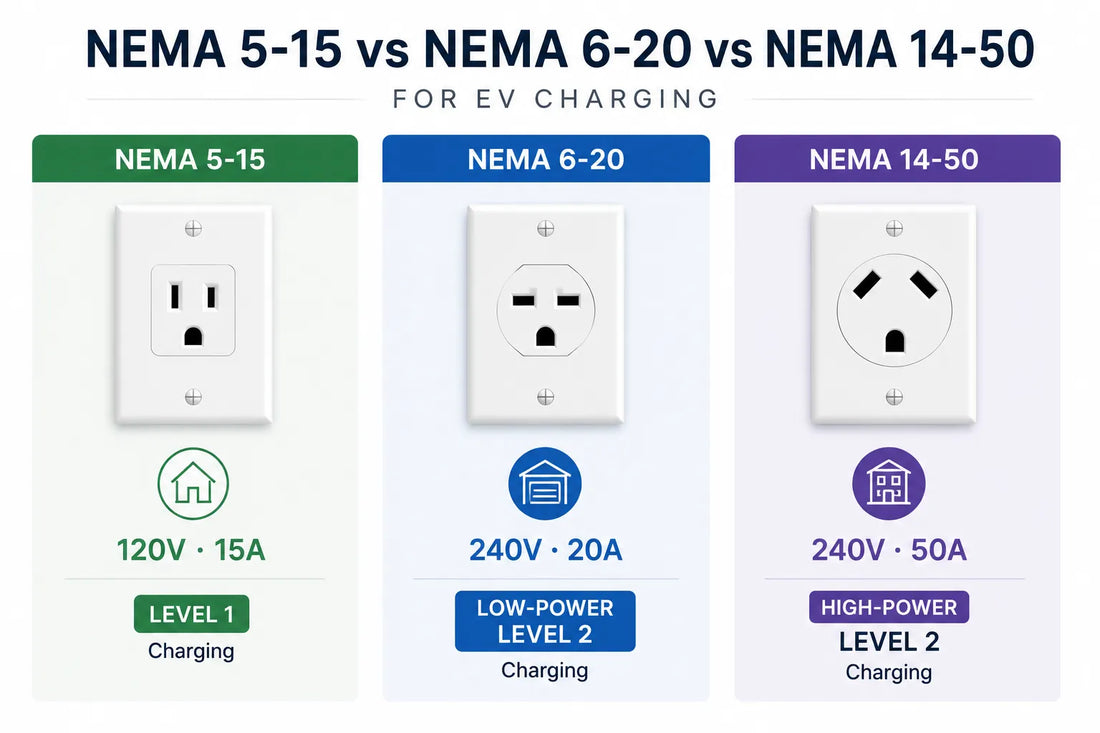 Comparing NEMA 5-15, NEMA 6-20, and NEMA 14-50 outlets for electric vehicle charging.