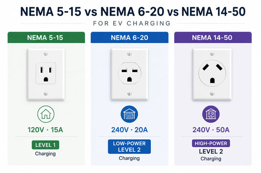 Comparing NEMA 5-15, NEMA 6-20, and NEMA 14-50 outlets for electric vehicle charging.