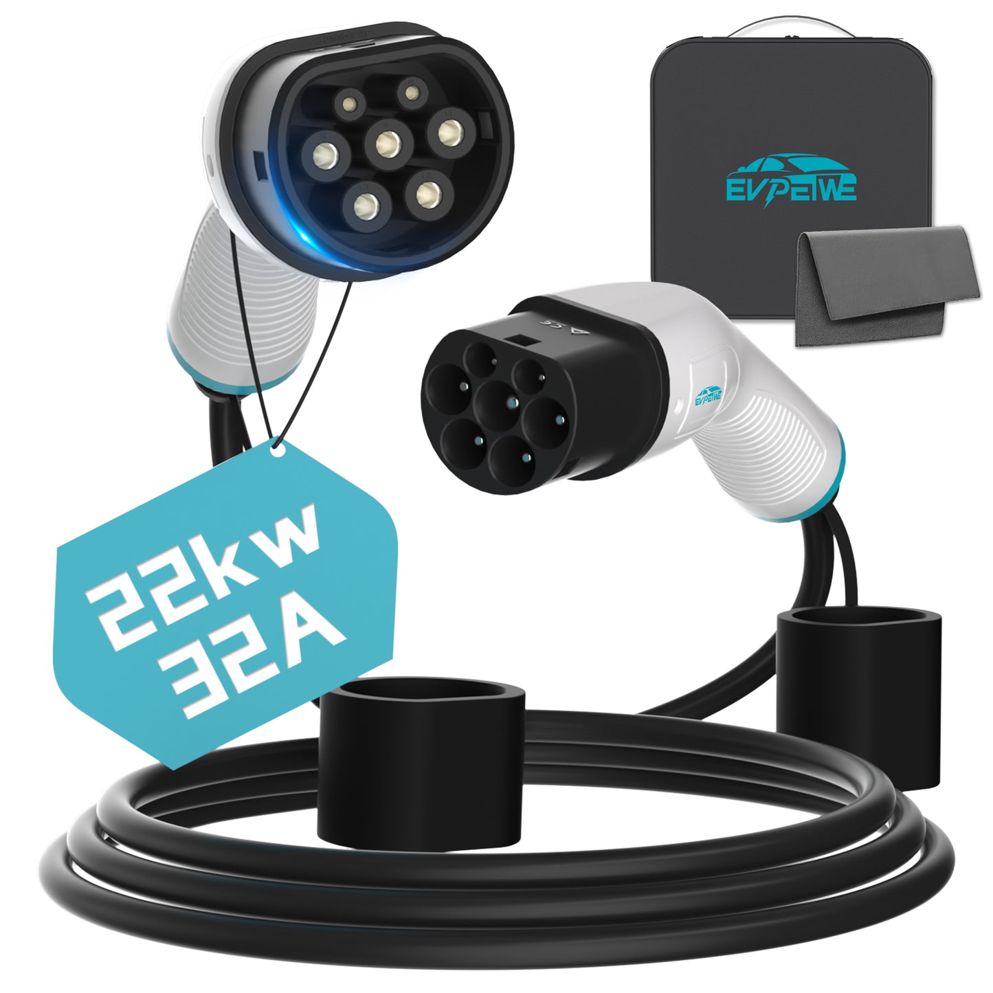 EVPEIWE Type2 to Type2 EV Charging Cable, Single/Three Phase 16A/32A(3.6/7.2/11/22KW)
