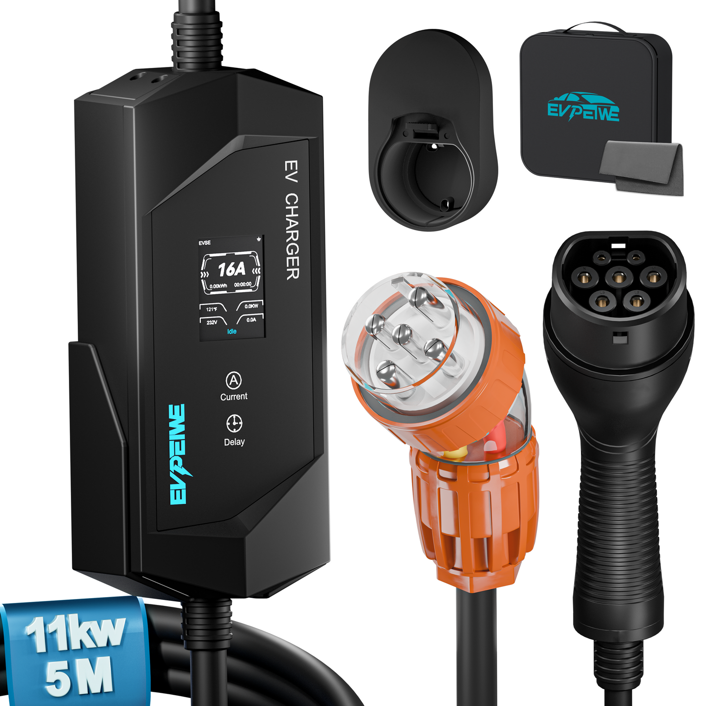 EVPEIWE 11kW 3-Phase Portable EV Charger,16A Adjustable Type 2 (IEC 62196-2) EV Charging Cable with 5-Pin Socket, 5M/8M Cord, IP65 Waterproof