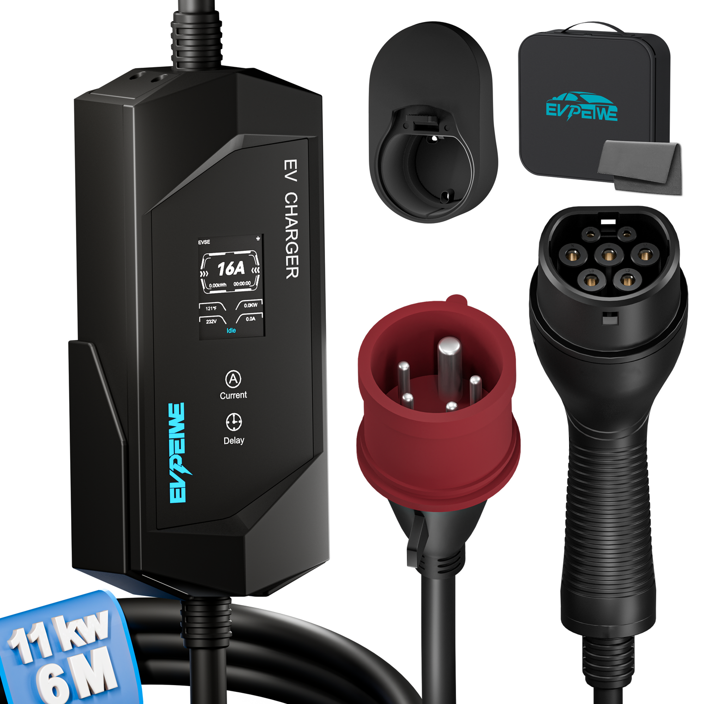 EVPEIWE Type 2 Portable EV Charger, 11KW 6-16A CEE 5-Pin Red Plug Charging Cable, 12H Timer IP65 for All Type 2 EVs (6M/10M)