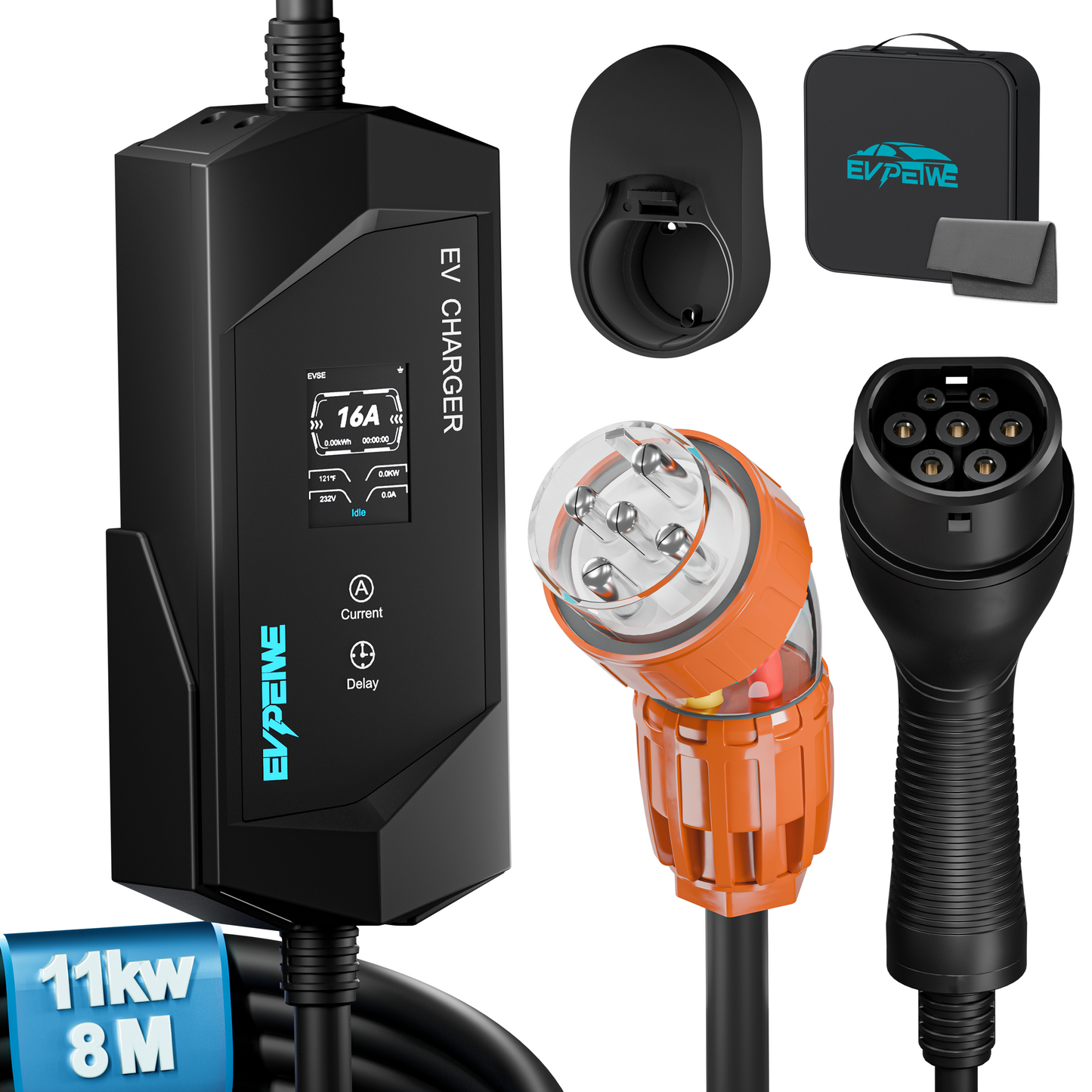 EVPEIWE 11kW 3-Phase Portable EV Charger,16A Adjustable Type 2 (IEC 62196-2) EV Charging Cable with 5-Pin Socket, 5M/8M Cord, IP65 Waterproof