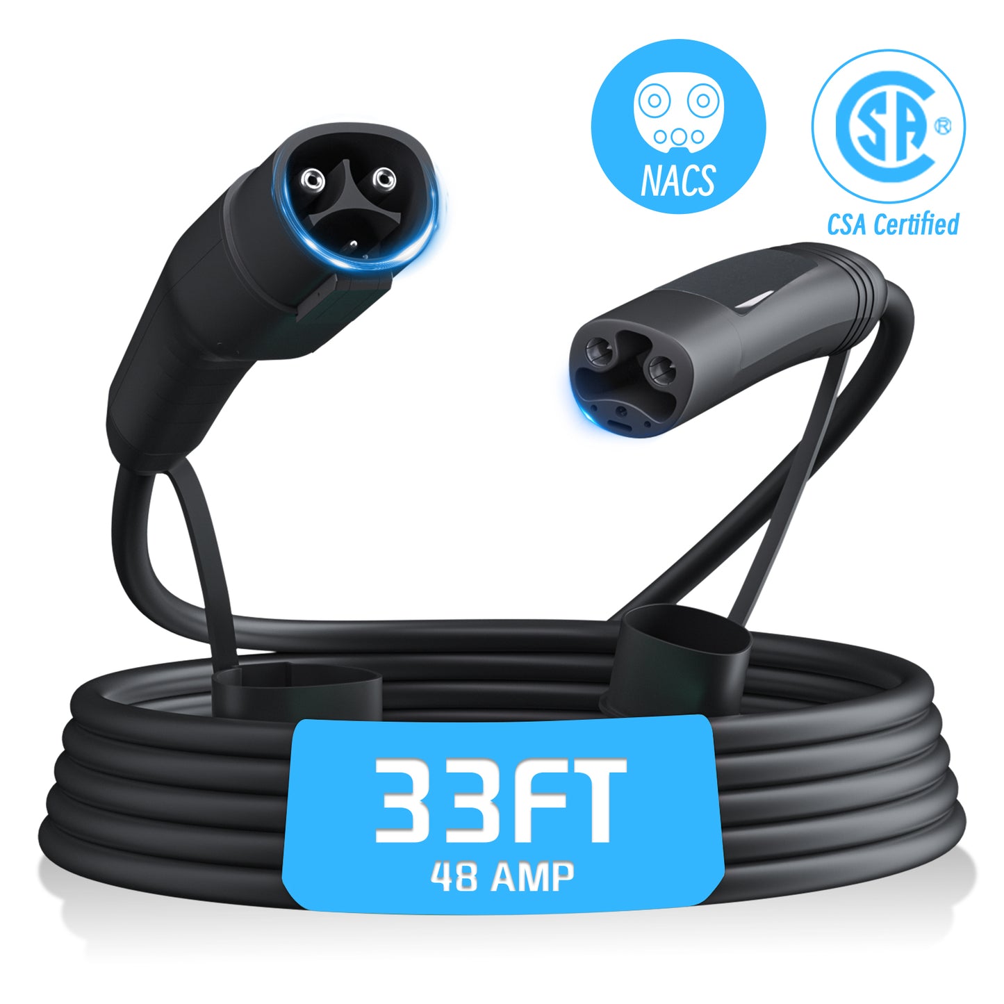 EVPEIWE 48A 11KW Tesla NACS EV Charger Extension Cord, 16.5/22/25/33 FT Waterproof Cable for Model 3/Y/S/X/CT