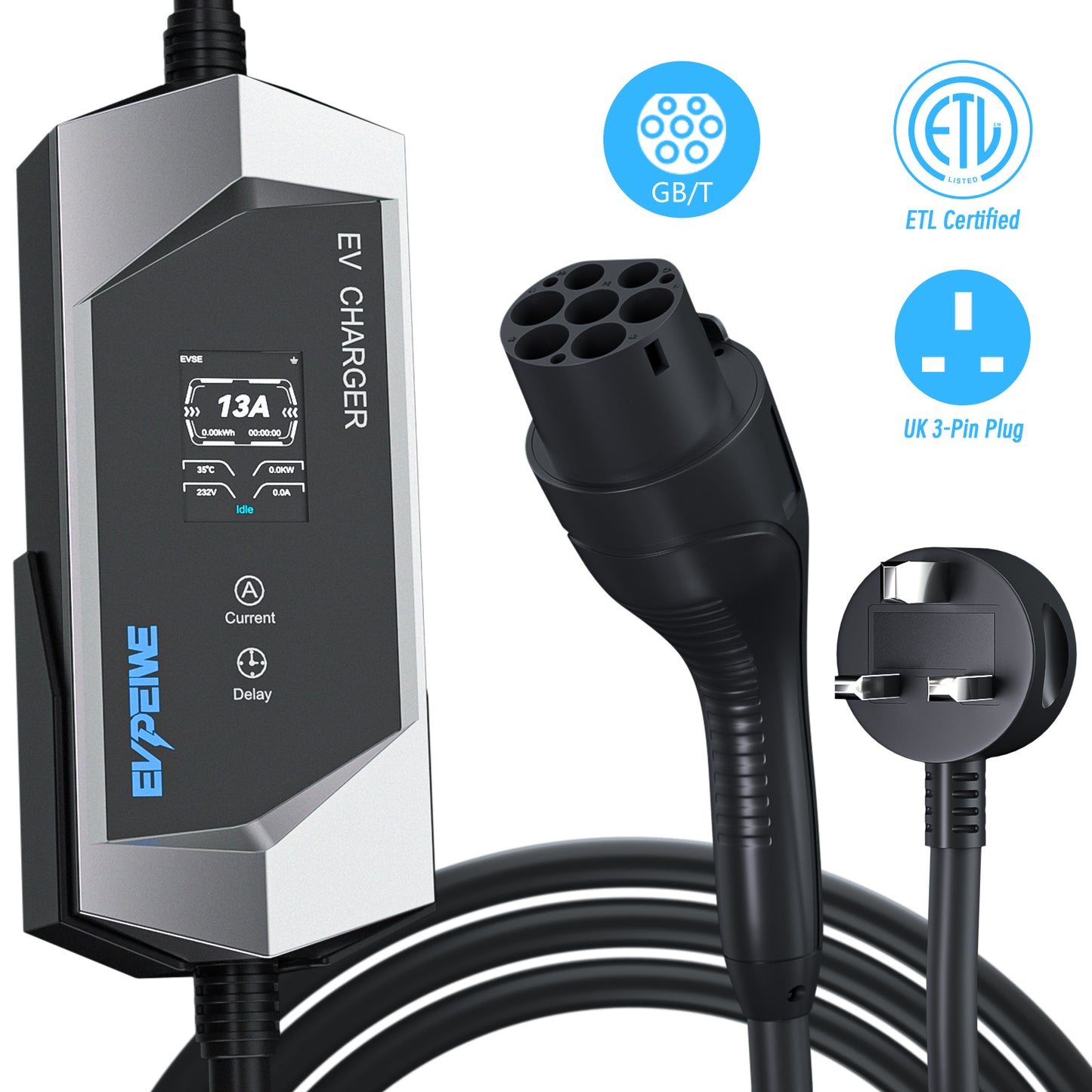 Caricatore EV portatile EVPEIWE GB/T, spina a 3 pin UK regolabile 6-13A, cavo 5M, colore nero/argento opzionale