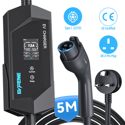 EVPEIWE 13A Type1 (SAE J1772) Portable EV Charger with UK 3-Pin Plug, 5M Cable, Black/Silver Optional