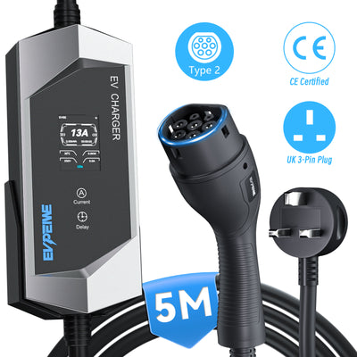 EVPEIWE Type 2 Portable EV Charger 3.3kW, UK 3-Pin Plug, 6–13A Adjustable, IEC 62196, 5M/8M Cable