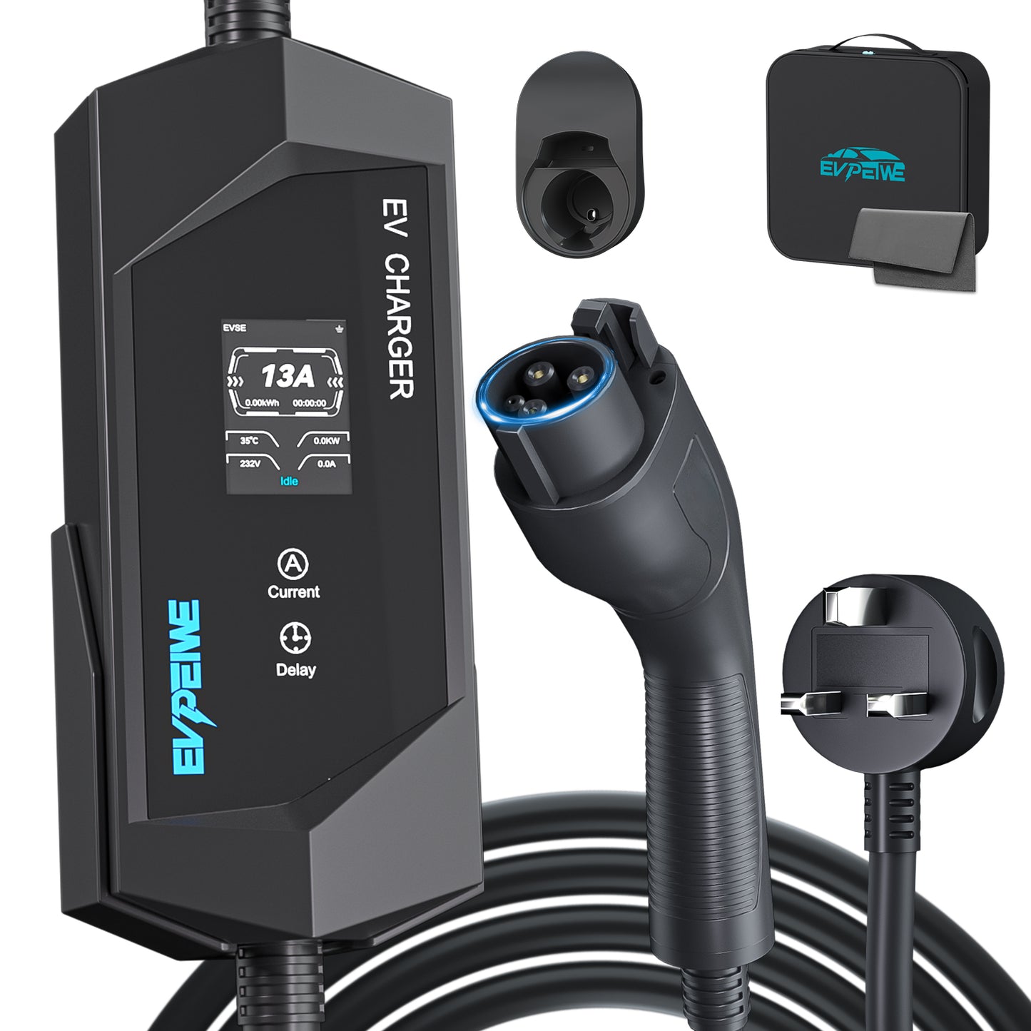 EVPEIWE 13A Type1 (SAE J1772) Portable EV Charger with UK 3-Pin Plug, 5M Cable, Black/Silver Optional