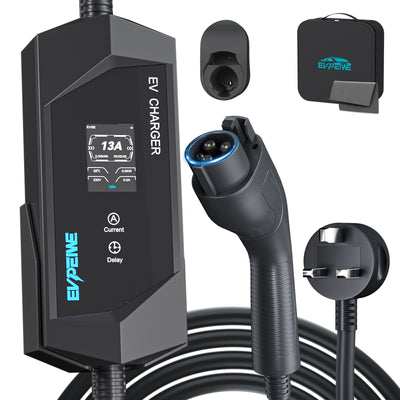 EVPEIWE 13A Type1 (SAE J1772) Portable EV Charger with UK 3-Pin Plug, 5M Cable, Black/Silver Optional