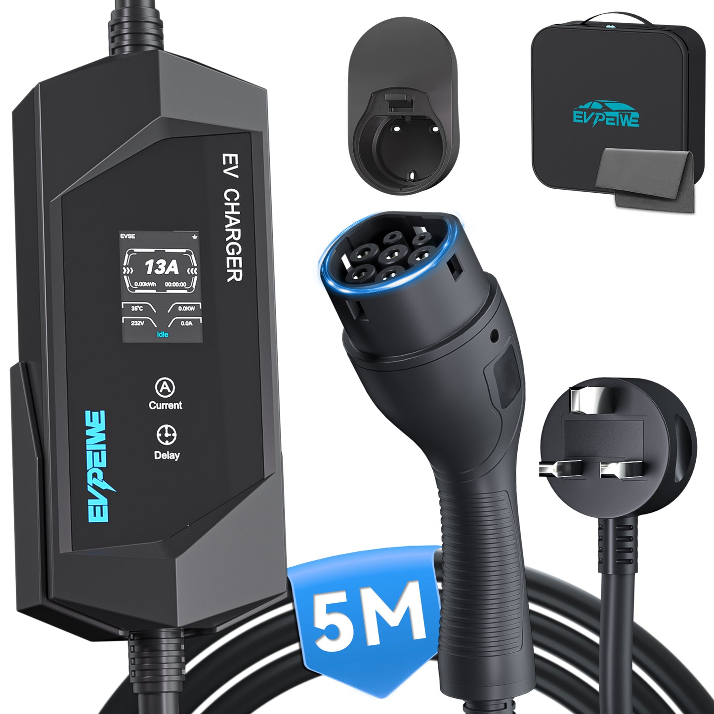 EVPEIWE 3.3kW Portable EV Charger,Type 2 (IEC 62196), 6-13A Adjustable, UK 3-Pin Plug, 5M/8M Cable
