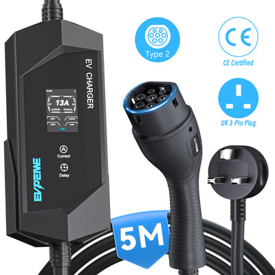 EVPEIWE Type 2 Portable EV Charger 3.3kW, UK 3-Pin Plug, 6–13A Adjustable, IEC 62196, 5M/8M Cable