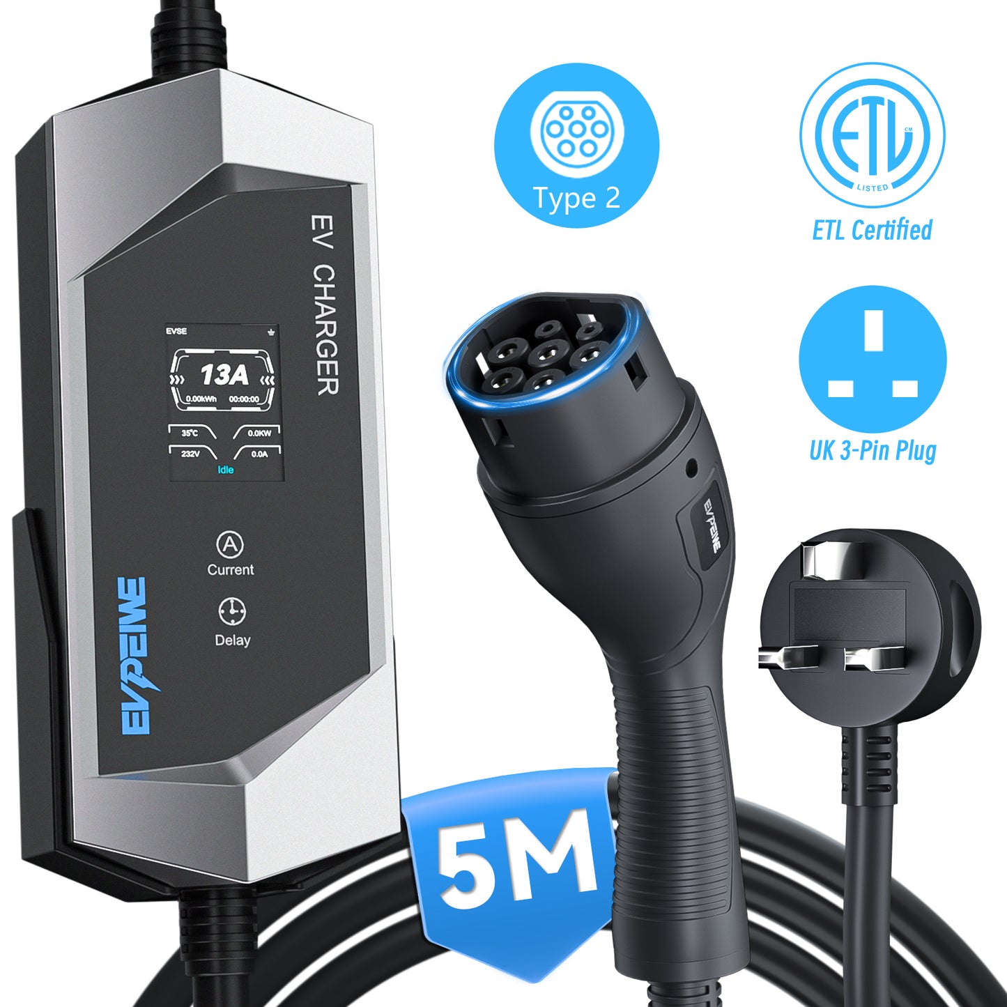 EVPEIWE Typ 2 tragbares EV-Ladegerät 3.3kW, UK 3-Pin Stecker, 6–13A Einstellbar, IEC 62196, 5M/8M Kabel