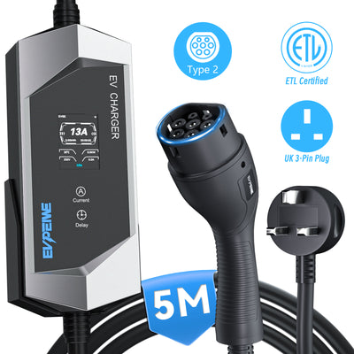 Caricabatterie portatile per auto elettriche tipo 2 EVPEIWE 3,3 kW, spina a 3 pin per Regno Unito, regolabile 6–13 A, IEC 62196, cavo 5 m/8 m