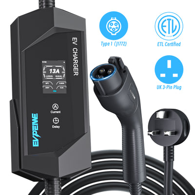Caricabatterie portatile EVPEIWE 13A Tipo 1 (SAE J1772) per veicoli elettrici con spina a 3 pin per Regno Unito, cavo da 5 m, colore nero/argento opzionale