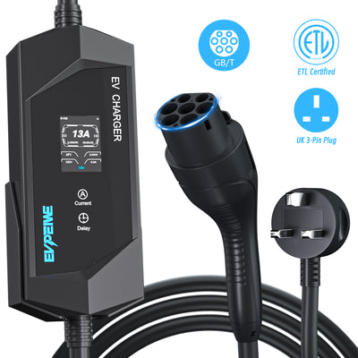 EVPEIWE GB/T Portable EV Charger, UK 3-Pin Plug 6-13A Adjustable,5M Cable,Black/Silver Optional
