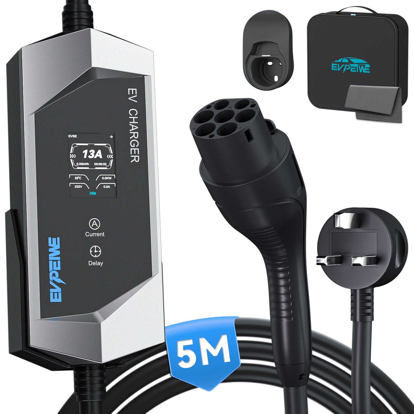 EVPEIWE GB/T Portable EV Charger, UK 3-Pin Plug 6-13A Adjustable,5M Cable,Black/Silver Optional