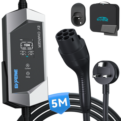 EVPEIWE GB/T Portable EV Charger, UK 3-Pin Plug 6-13A Adjustable,5M Cable,Black/Silver Optional