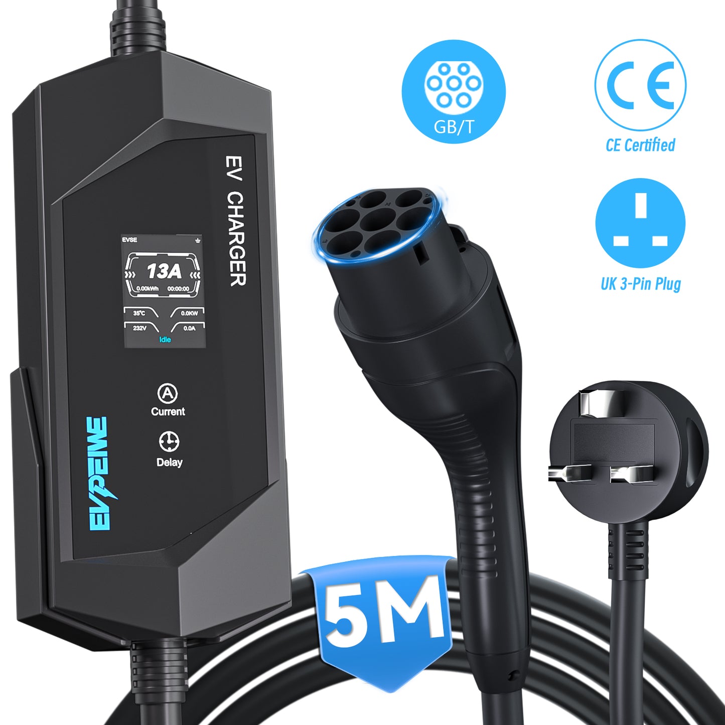 EVPEIWE GB/T Portable EV Charger, UK 3-Pin Plug 6-13A Adjustable,5M Cable