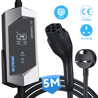 EVPEIWE GB/T Portable EV Charger, UK 3-Pin Plug 6-13A Adjustable,5M Cable