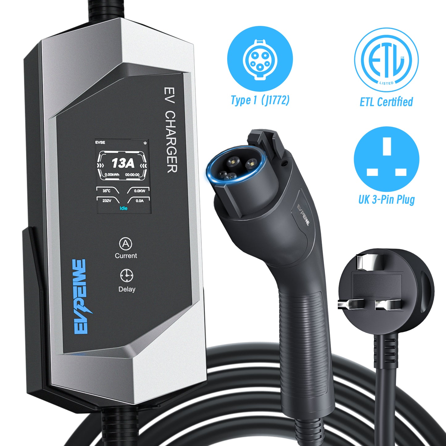 EVPEIWE 13A Typ1 (SAE J1772) Tragbares EV-Ladegerät mit UK-3-Pin-Stecker, 5 m Kabel, Schwarz/Silber Optional