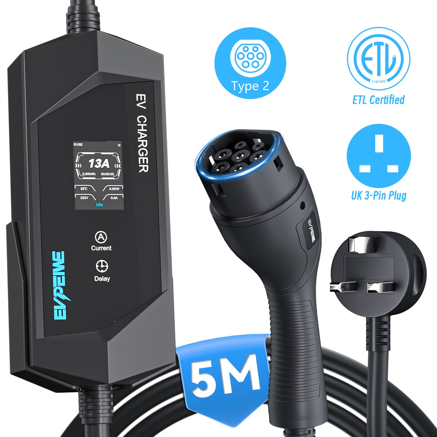 EVPEIWE Typ 2 tragbares EV-Ladegerät 3.3kW, UK 3-Pin Stecker, 6–13A Einstellbar, IEC 62196, 5M/8M Kabel