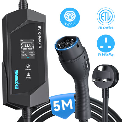 Caricabatterie portatile per auto elettriche tipo 2 EVPEIWE 3,3 kW, spina a 3 pin per Regno Unito, regolabile 6–13 A, IEC 62196, cavo 5 m/8 m