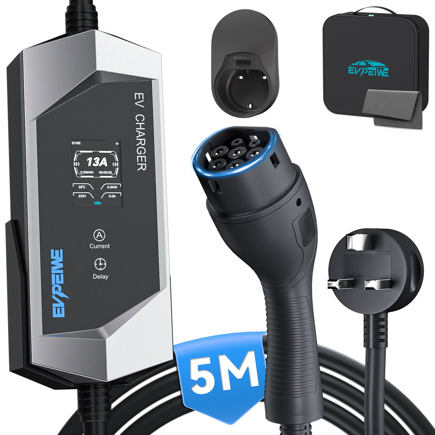 EVPEIWE 3.3kW Portable EV Charger,Type 2 (IEC 62196), 6-13A Adjustable, UK 3-Pin Plug, 5M/8M Cable