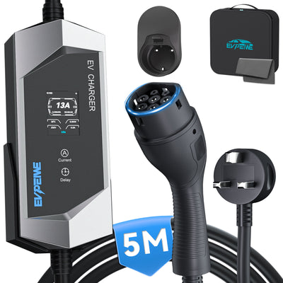 EVPEIWE 3.3kW Portable EV Charger,Type 2 (IEC 62196), 6-13A Adjustable, UK 3-Pin Plug, 5M/8M Cable