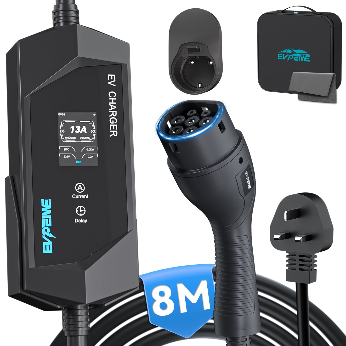 EVPEIWE 3.3kW Portable EV Charger,Type 2 (IEC 62196), 6-13A Adjustable, UK 3-Pin Plug, 5M/8M Cable