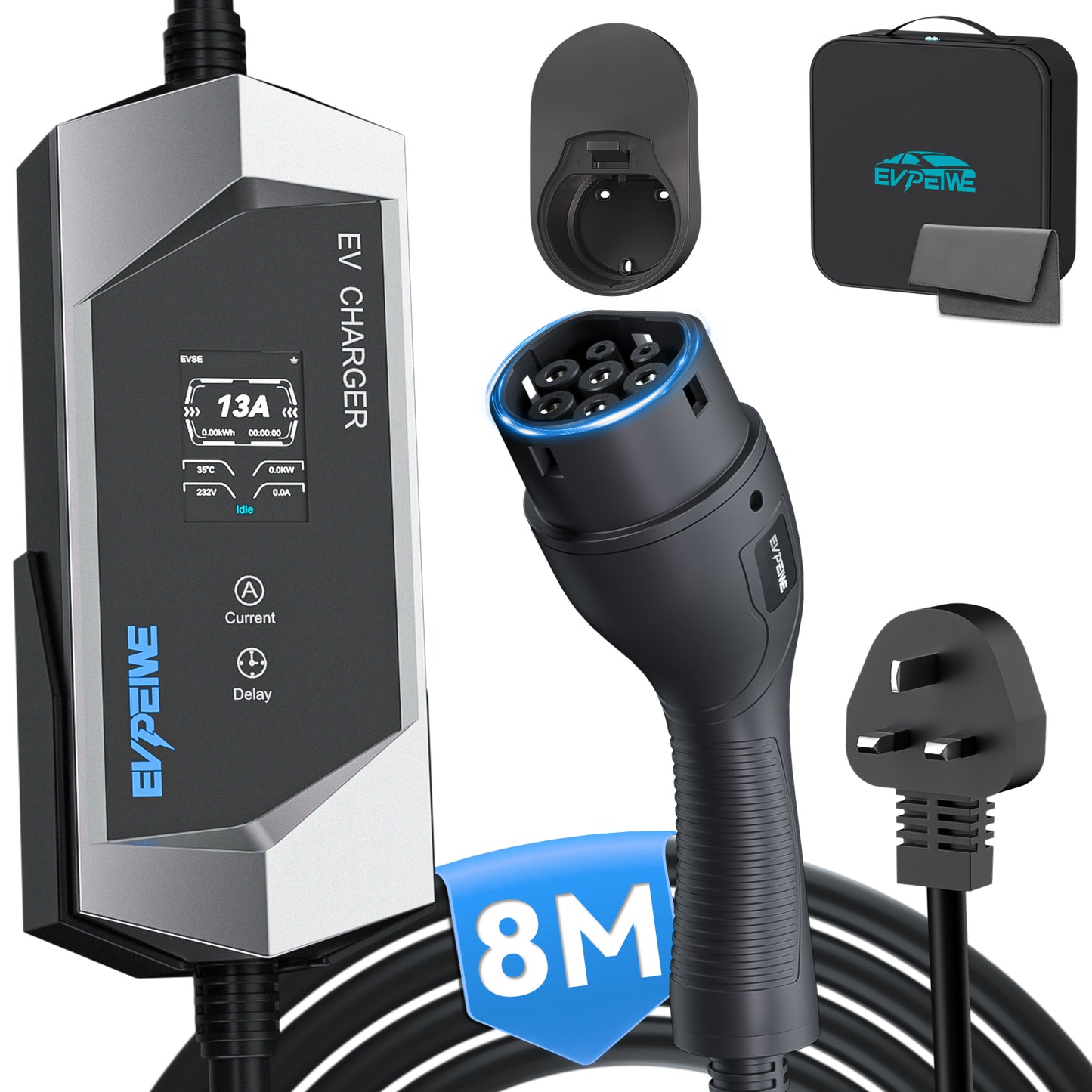 EVPEIWE 3.3kW Portable EV Charger,Type 2 (IEC 62196), 6-13A Adjustable, UK 3-Pin Plug, 5M/8M Cable