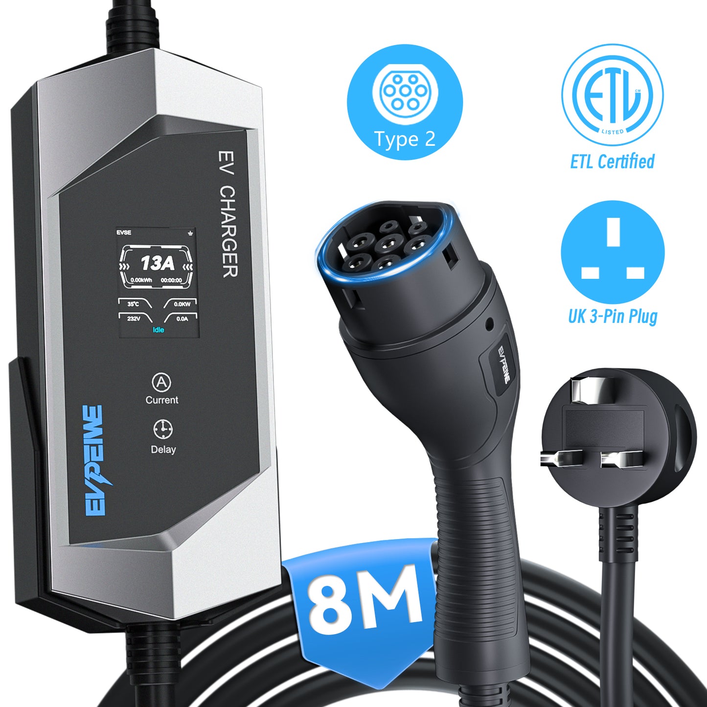 EVPEIWE Typ 2 tragbares EV-Ladegerät 3.3kW, UK 3-Pin Stecker, 6–13A Einstellbar, IEC 62196, 5M/8M Kabel