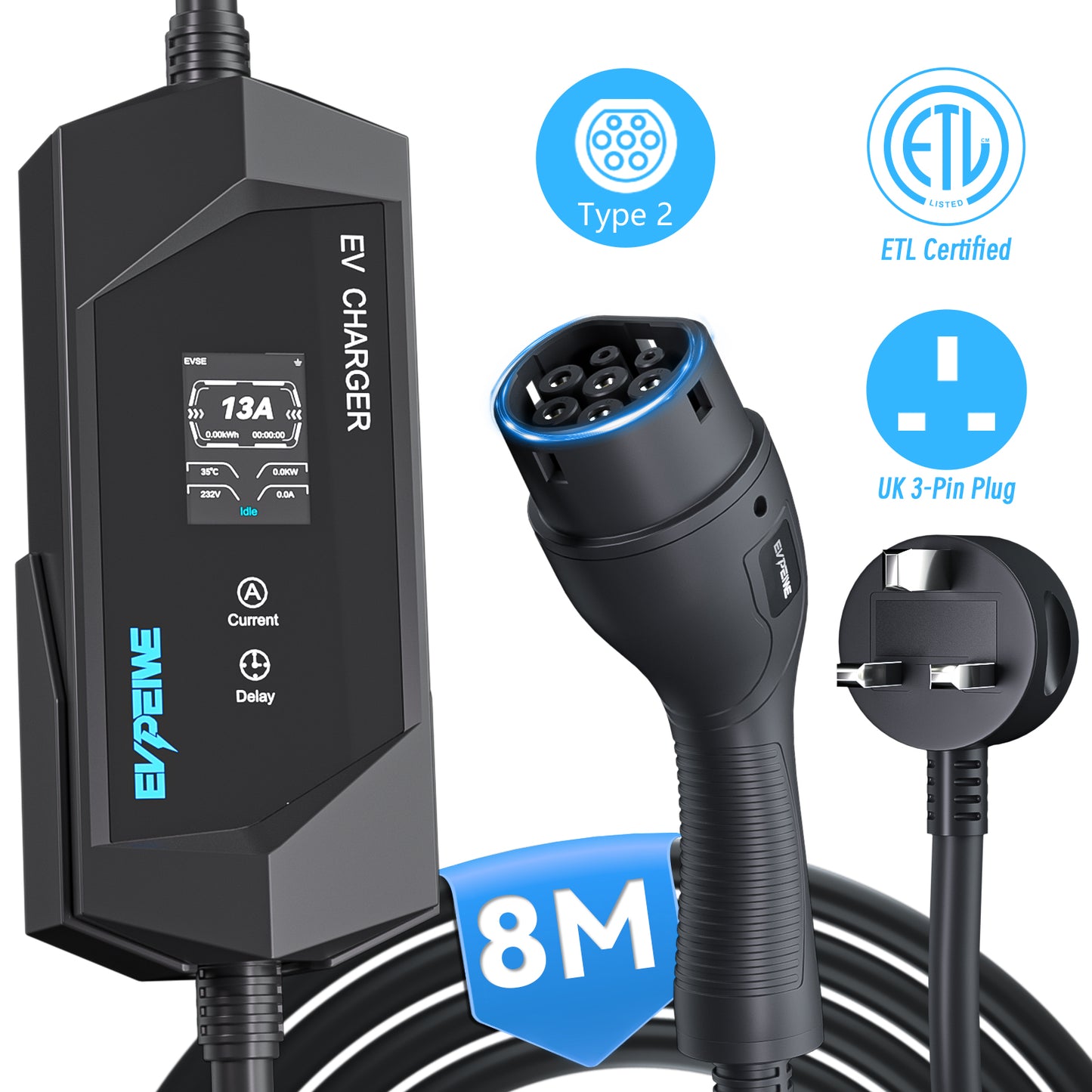 EVPEIWE Typ 2 tragbares EV-Ladegerät 3.3kW, UK 3-Pin Stecker, 6–13A Einstellbar, IEC 62196, 5M/8M Kabel