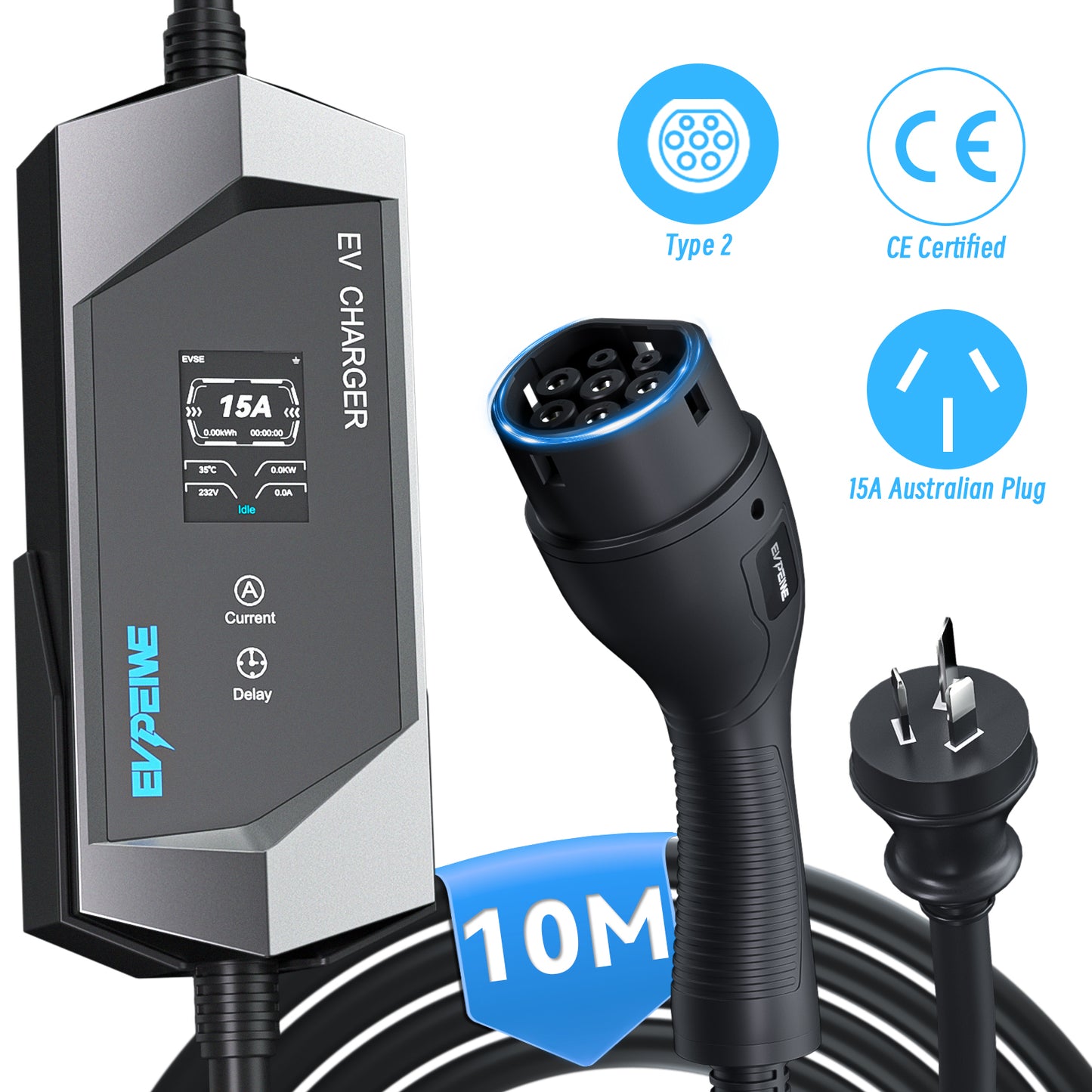 EVPEIWE 3.6kW Portable EV Charger ,Type 2, 6-15A, AU 15A Plug, 5/8/10M, Black/Silver Optional