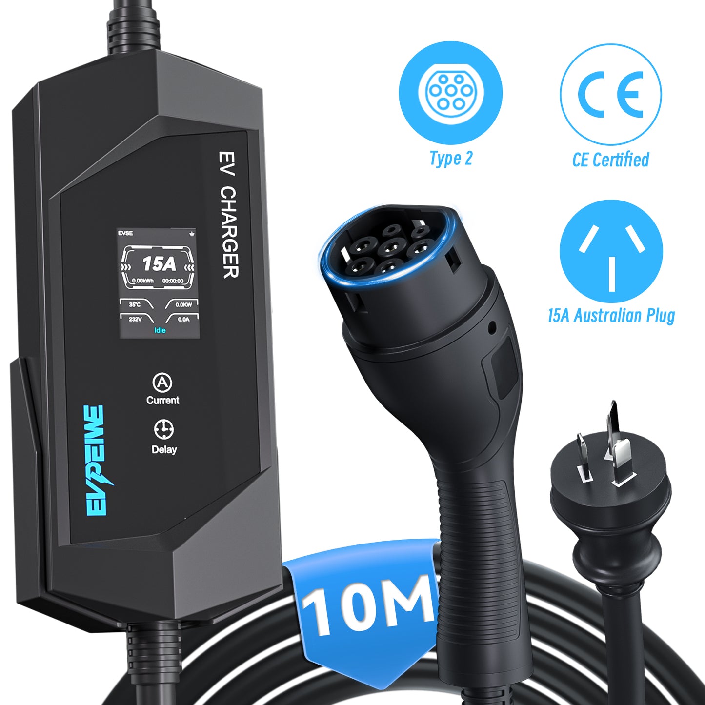 EVPEIWE 3.6kW Portable EV Charger ,Type 2, 6-15A, AU 15A Plug, 5/8/10M, Black/Silver Optional