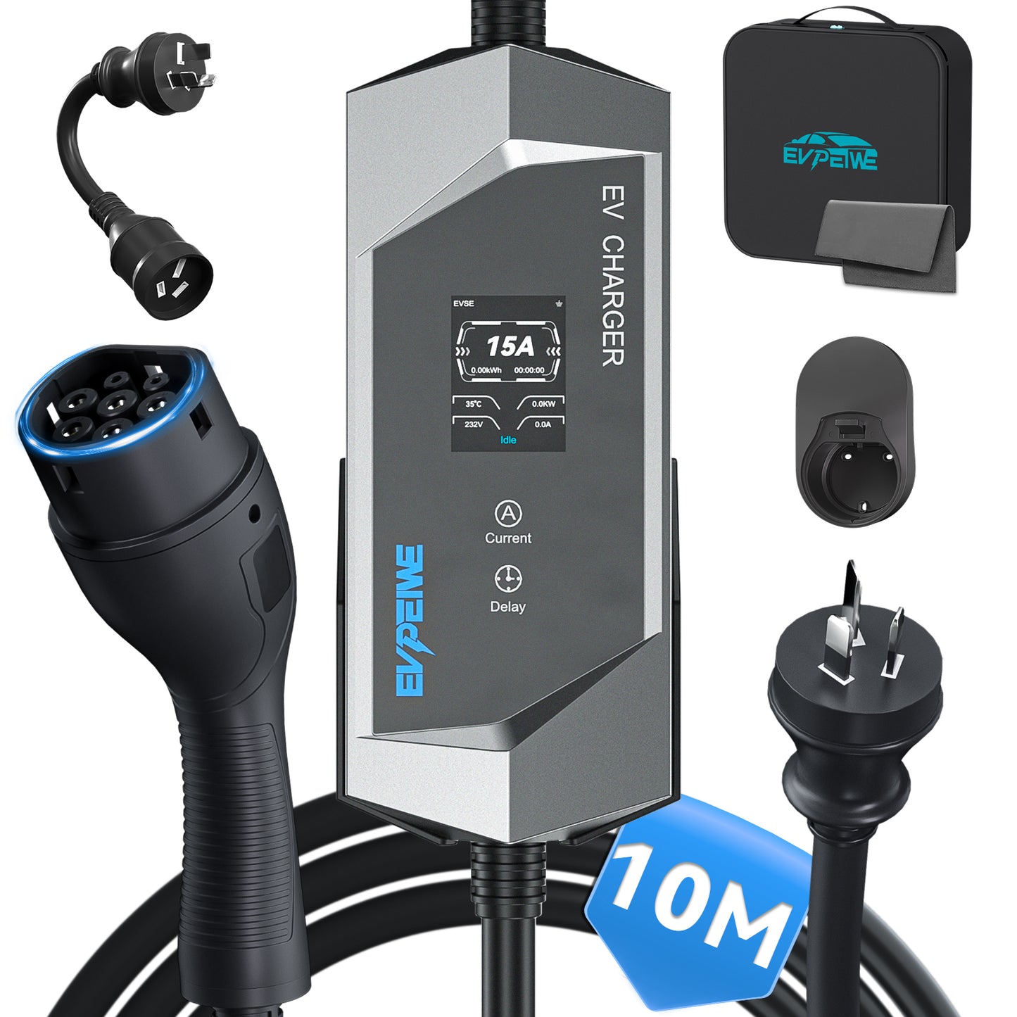 EVPEIWE 3.6kW Portable EV Charger ,Type 2, 6-15A, AU 15A Plug, 5/8/10M, Black/Silver Optional