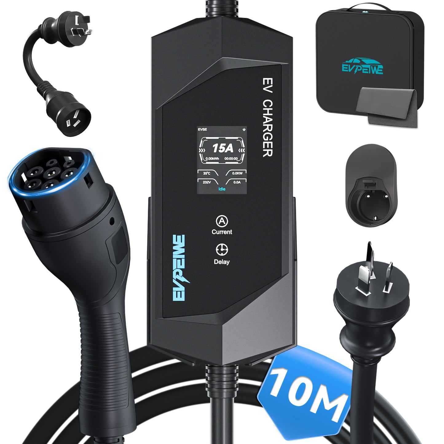 EVPEIWE 3.6kW Portable EV Charger ,Type 2, 6-15A, AU 15A Plug, 5/8/10M, Black/Silver Optional