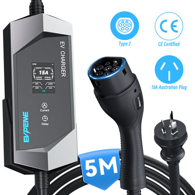 EVPEIWE 3.6kW Portable EV Charger ,Type 2, 6-15A, AU 15A Plug, 5/8/10M, Black/Silver Optional