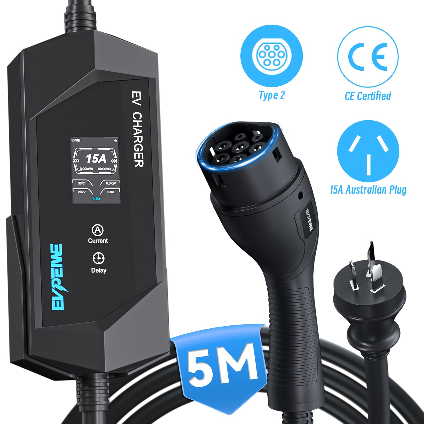 EVPEIWE 3.6kW Portable EV Charger ,Type 2, 6-15A, AU 15A Plug, 5/8/10M, Black/Silver Optional