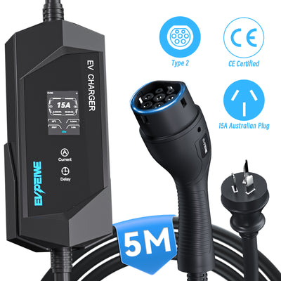 EVPEIWE 3.6kW Portable EV Charger ,Type 2, 6-15A, AU 15A Plug, 5/8/10M, Black/Silver Optional