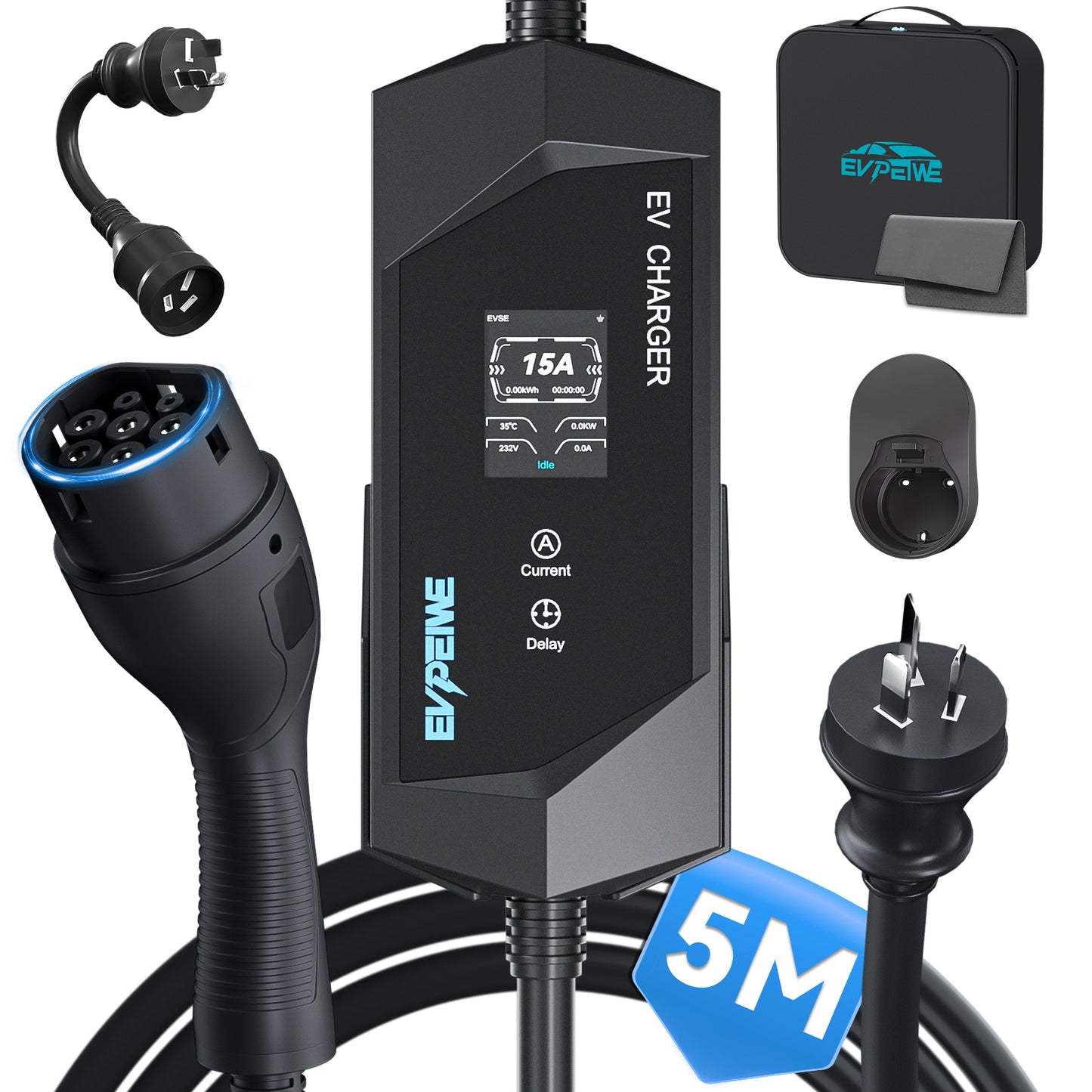 EVPEIWE 3.6kW Portable EV Charger ,Type 2, 6-15A, AU 15A Plug, 5/8/10M, Black/Silver Optional