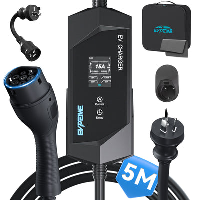 EVPEIWE 3.6kW Portable EV Charger ,Type 2, 6-15A, AU 15A Plug, 5/8/10M, Black/Silver Optional