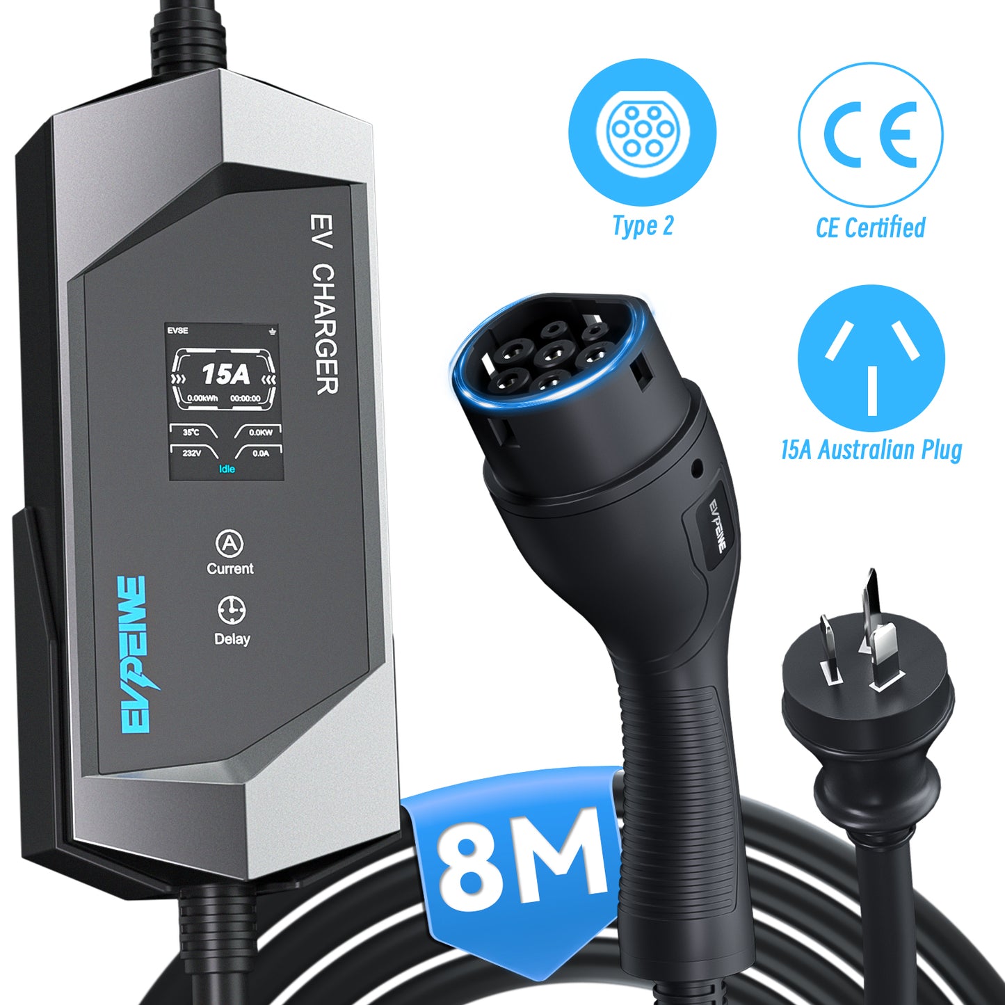 EVPEIWE 3.6kW Portable EV Charger ,Type 2, 6-15A, AU 15A Plug, 5/8/10M, Black/Silver Optional